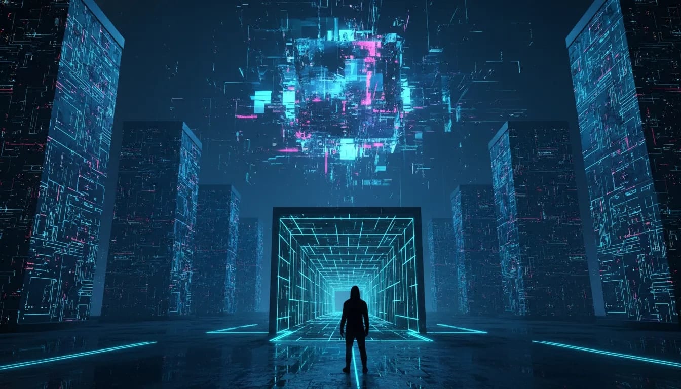 Dark futuristic city with holographic AI core, circuit maze, and a human figure at a crossroads suggesting AI safety uncertainty and possible simulation.