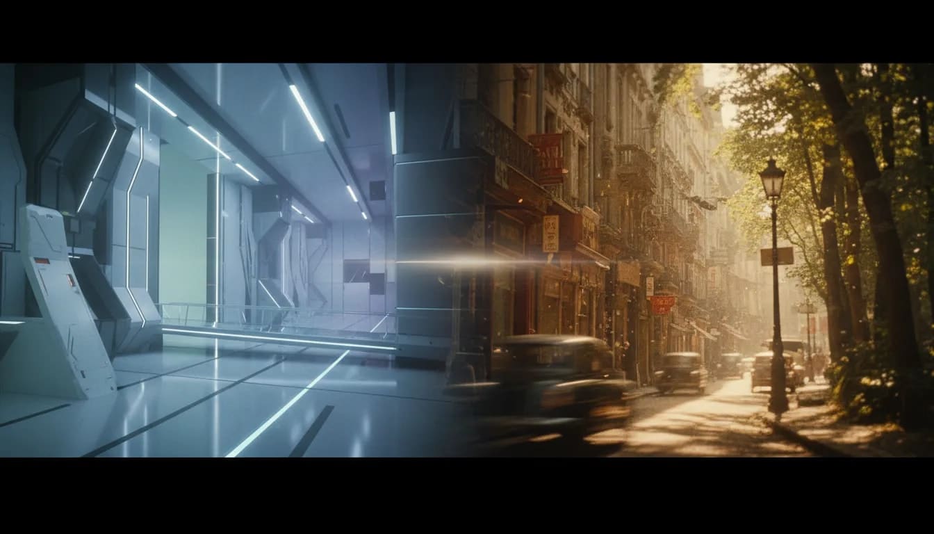 Split cinematic scene showing sterile modern film aesthetics on one side and warm vintage, more lifelike atmosphere on the other, with subtle transition in the middle.